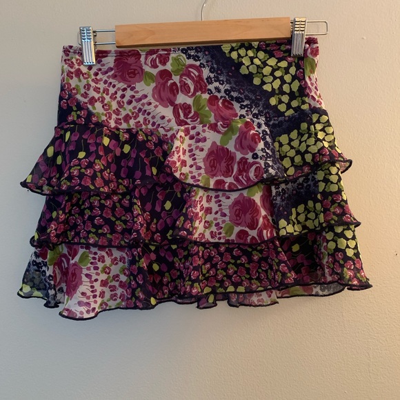 Vintage Y2K Purple Multi Floral Print Ruffle Tiered Micro Mini Skirt - Picture 3 of 7